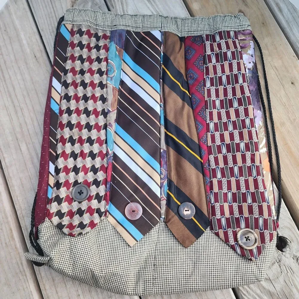 Handmade Necktie Drawstring Patchwork Tote Shoulder Carry All Bag Backpack GC